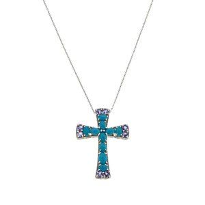 Colleen Lopez Turquoise and Tanzanite Cross Pendant with 18" Chain